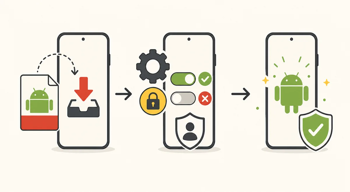 Three-stage illustration of downloading, reviewing permissions, and installing an Android APK