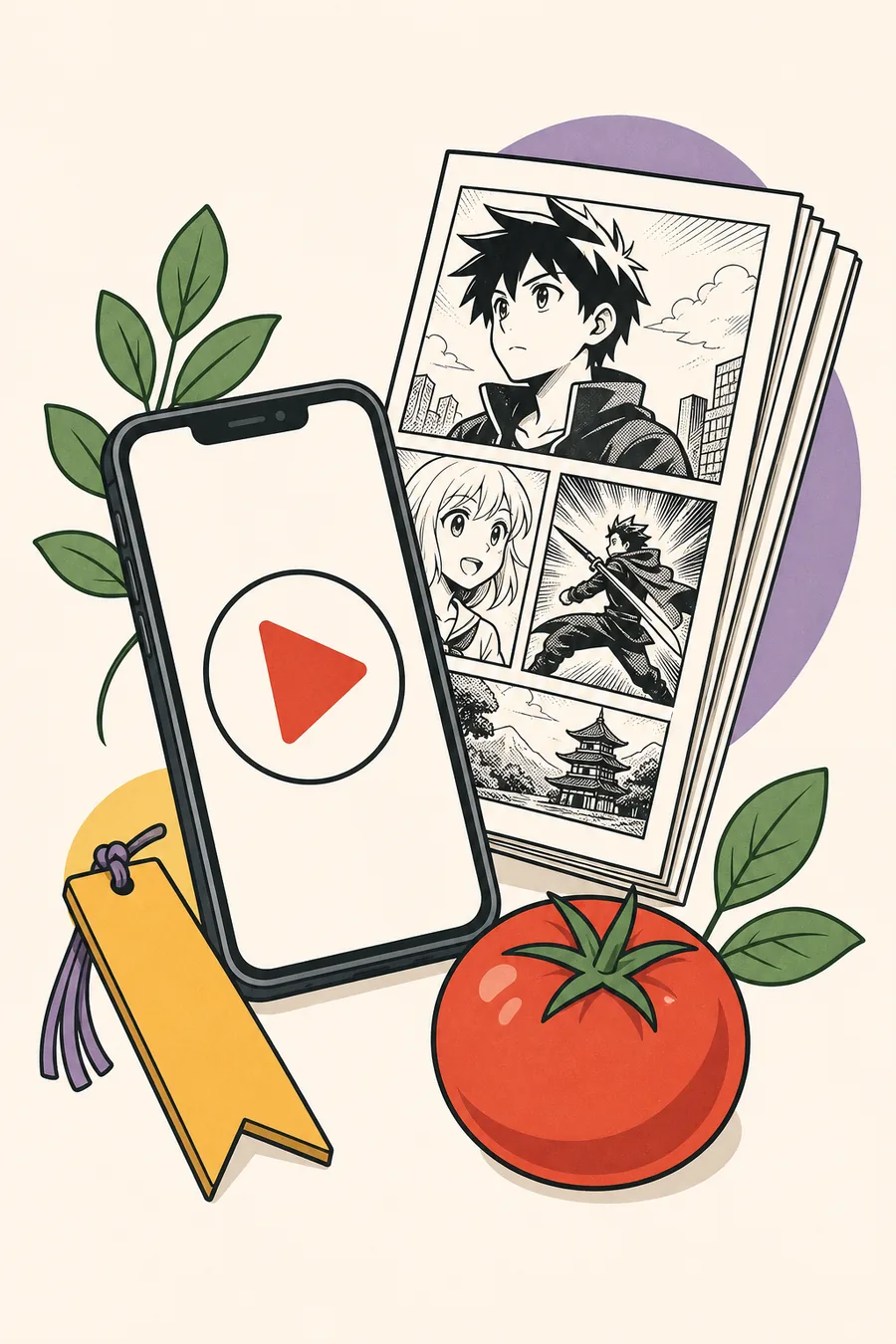 Editorial illustration of a phone, play symbol, manga pages, bookmark, and tomato