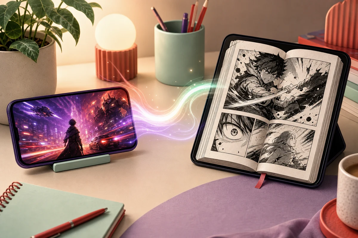 Editorial comparison of anime video viewing on a phone and manga reading on a tablet
