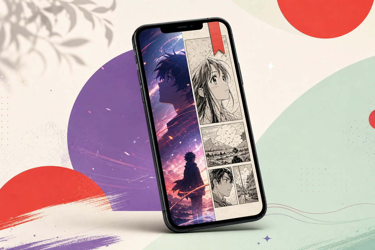 Editorial concept illustration of a phone combining anime playback and manga reading
