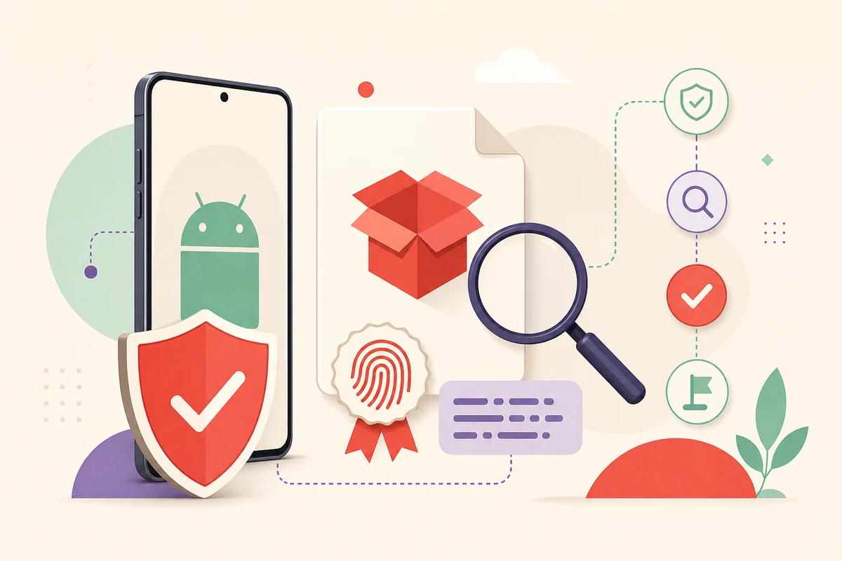 Editorial illustration of an Android package, signature seal, magnifying glass, and safety path