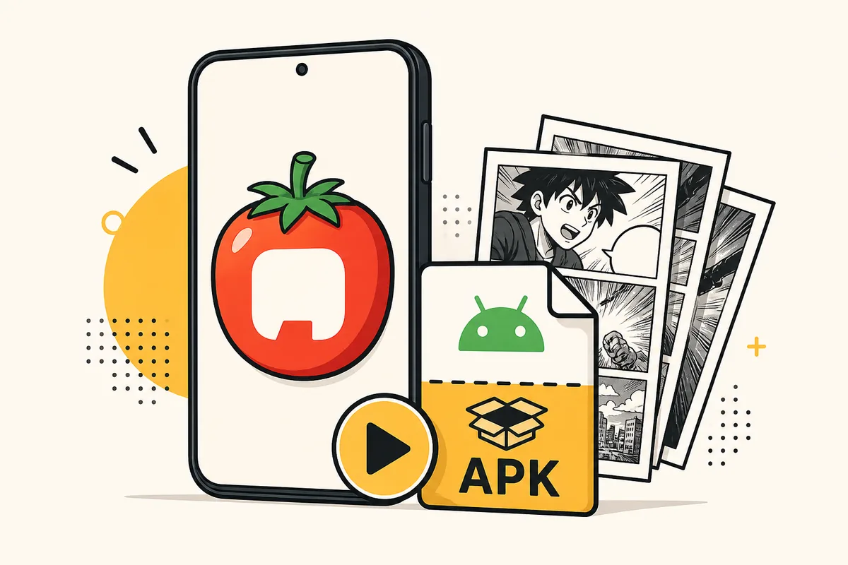Editorial illustration of a Tomato APK package beside an Android phone and manga pages
