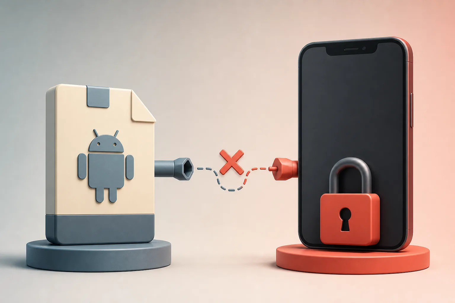 Concept diagram showing an Android package unable to connect to a locked iPhone-shaped device