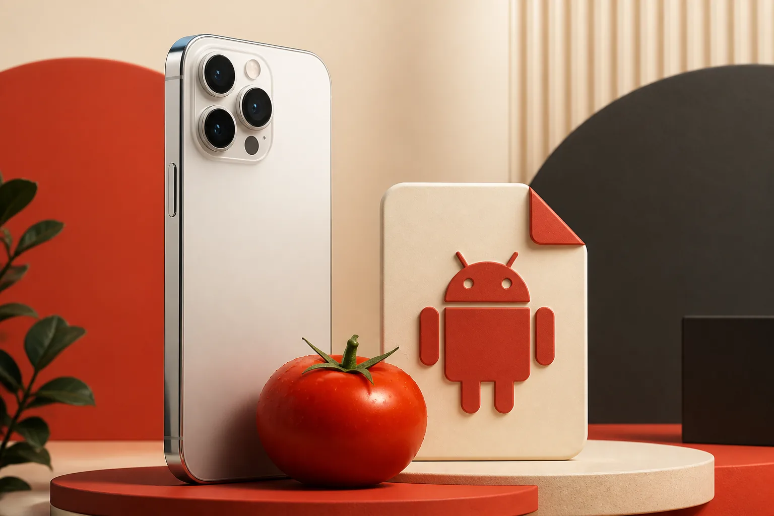 Editorial illustration of an iPhone-shaped device beside an Android APK package and tomato