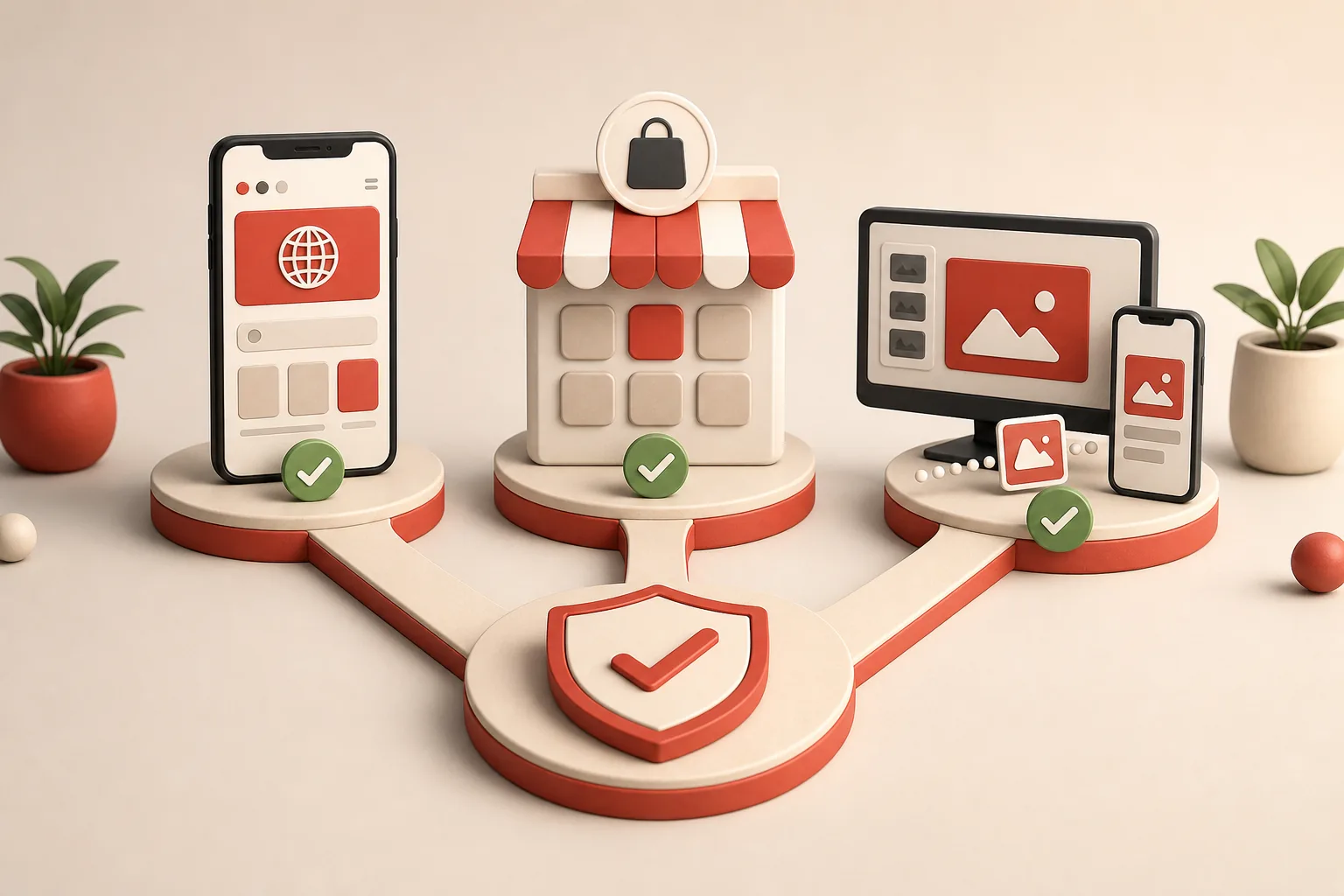 Editorial illustration of browser, verified store, and cross-device media options