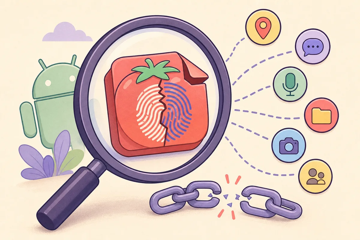 Editorial illustration of a changed APK fingerprint, broader permissions, and a broken update chain
