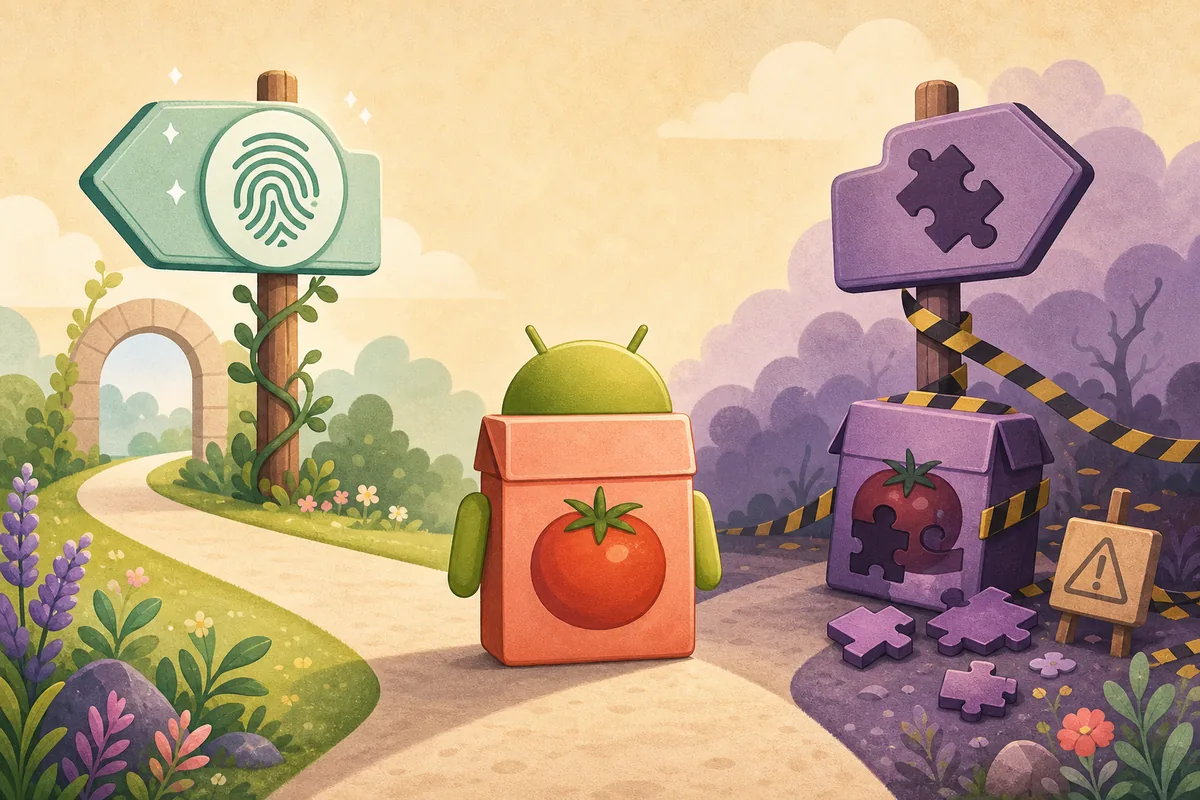 Redaktionelle Illustration eines Tomato-APK-Pakets zwischen verifizierter Quelle und verändertem Paket