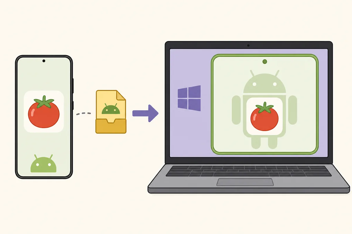 Editorial illustration of moving an Android APK from a phone environment to a Windows emulator