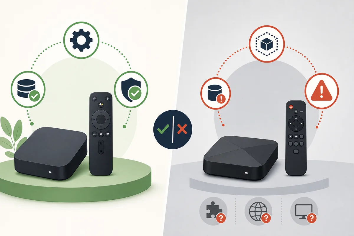 Editorial comparison of a well-supported Android TV box and a generic box with compatibility warnings