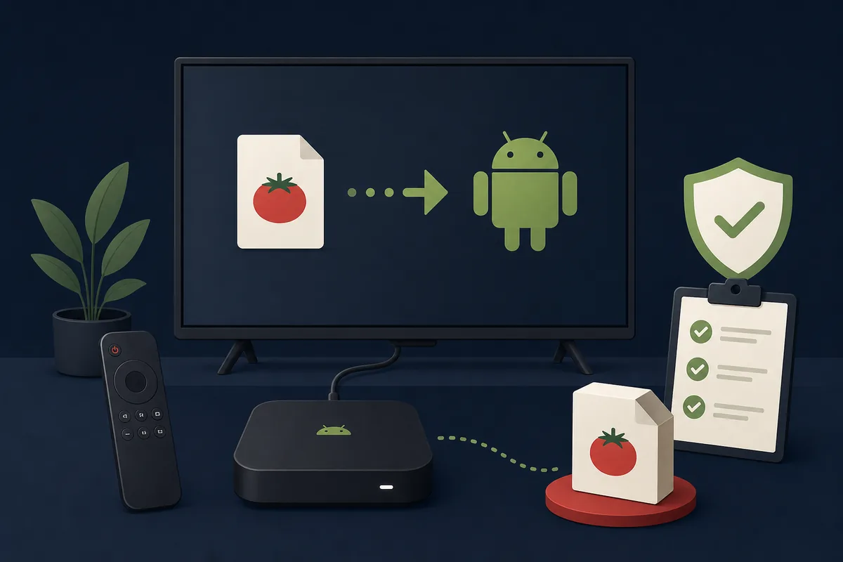 Editorial illustration of an Android TV box, television, remote, APK package, and verification checklist