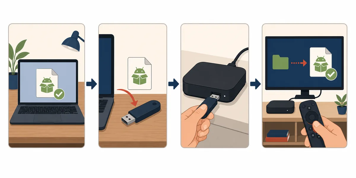 Four-stage editorial flow showing APK verification, USB transfer, TV box connection, and installation