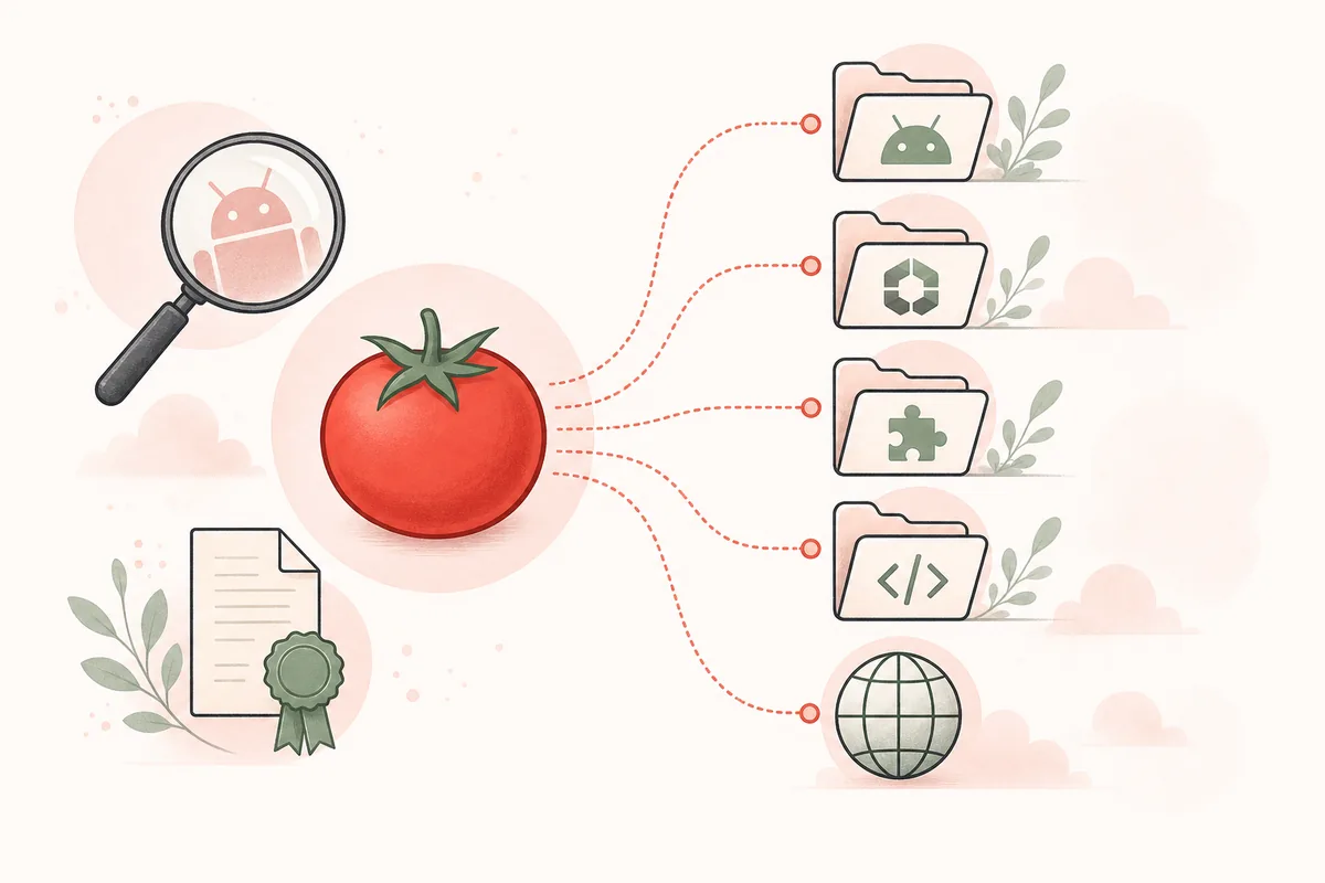 Editorial illustration showing one Tomato app name branching into different Android packages and web sources