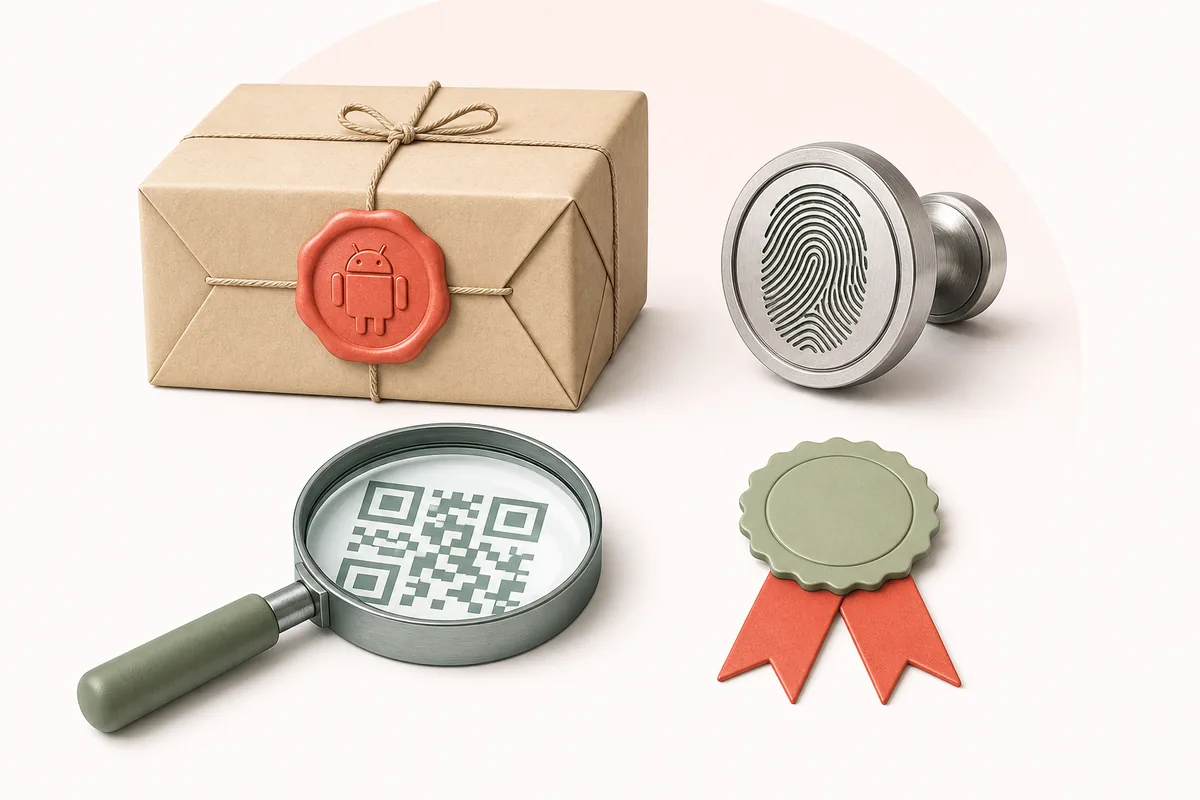 Editorial illustration of an Android package, fingerprint seal, magnifier, and verification badge