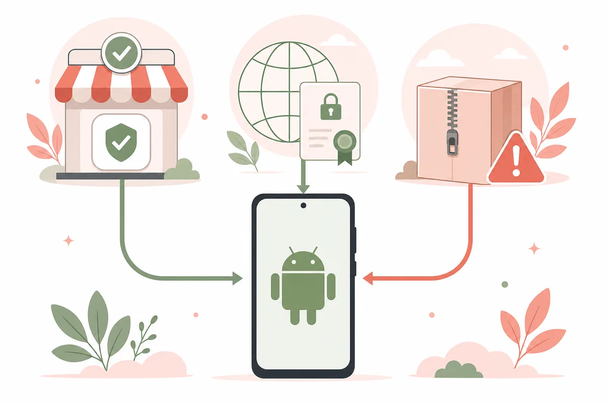 Editorial illustration comparing an app store, verified website, and third-party archive as Android sources